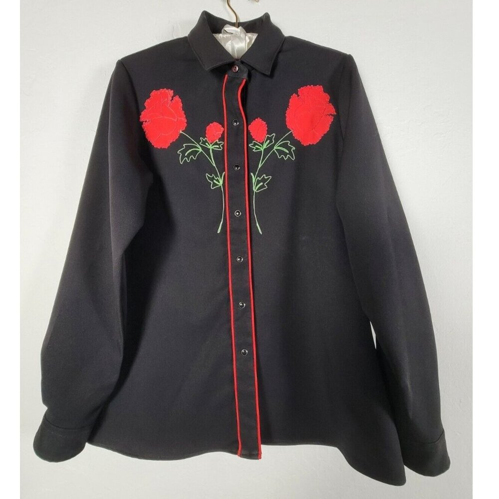 Vintage 80's Cameo Rose Womens Embroidered Western Snap Front Shirt Black13